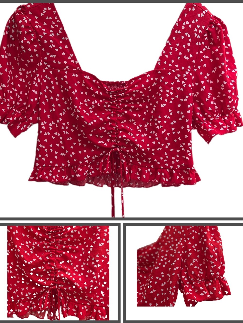 Red Heart-Print Ruched Crop Top by Shein